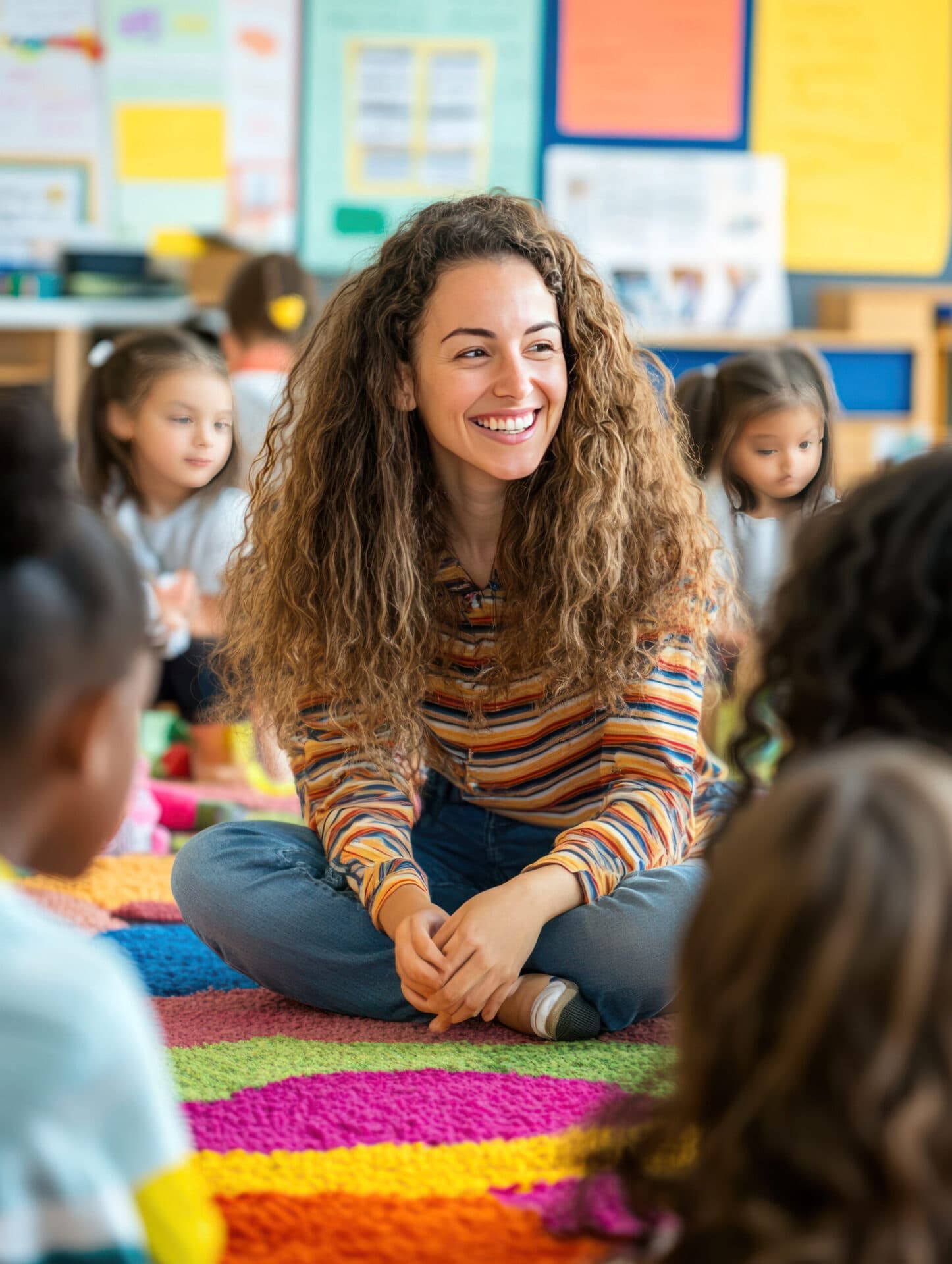 A teacher sitting with children in a classroom